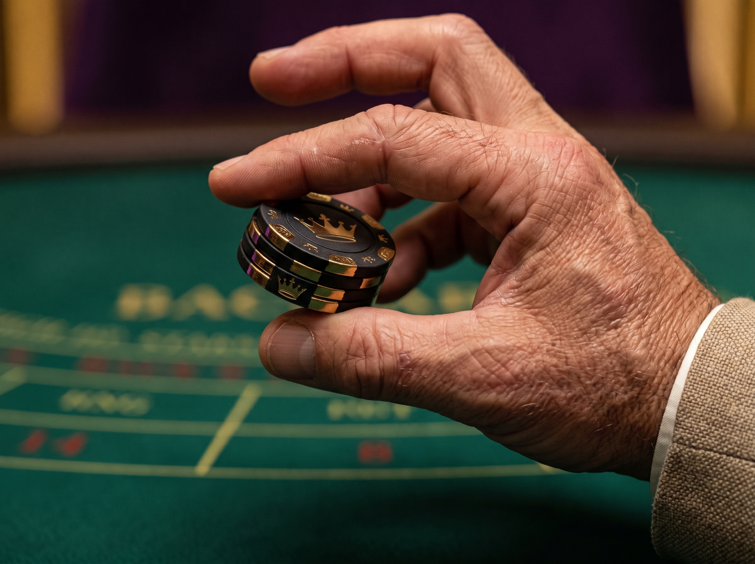 Mac holding a stack of black and gold Queen’s Palace casino chips