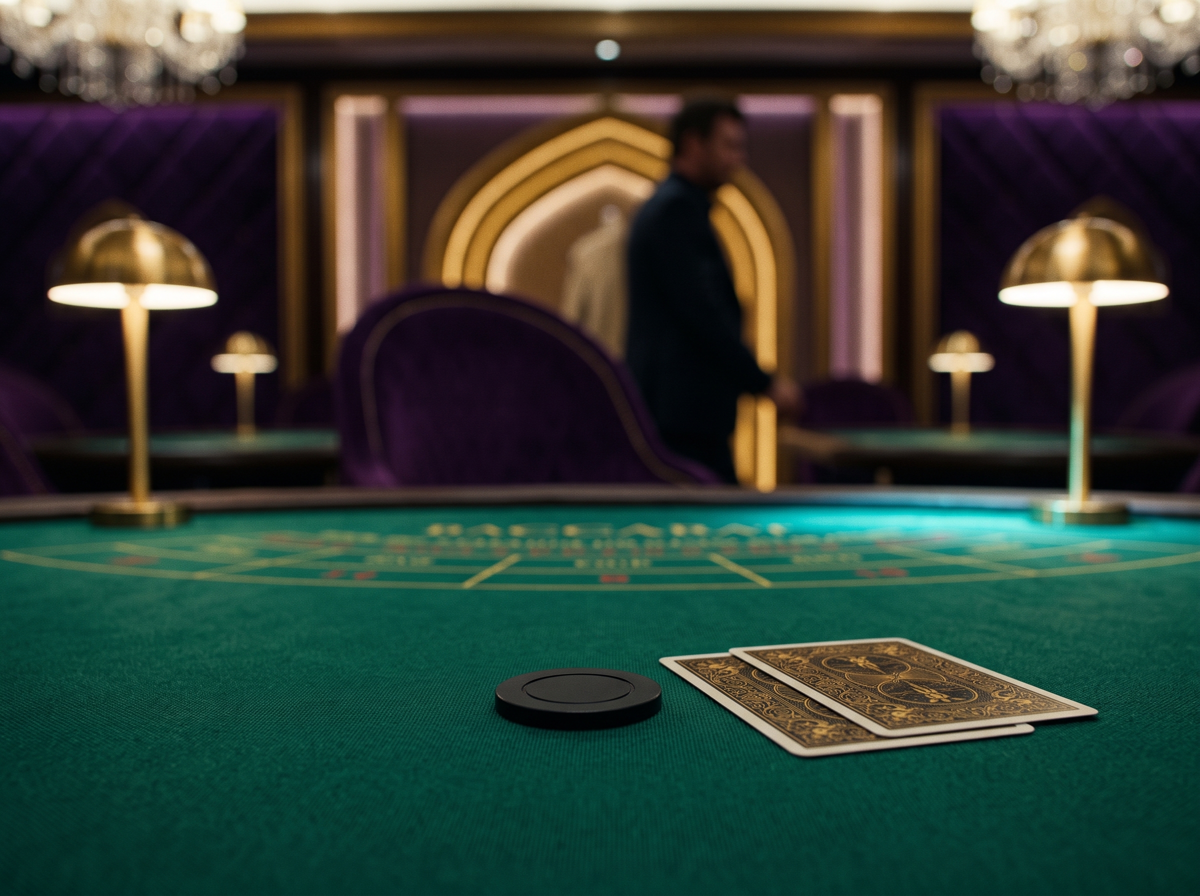A single black chip left beside two playing cards on the baccarat table