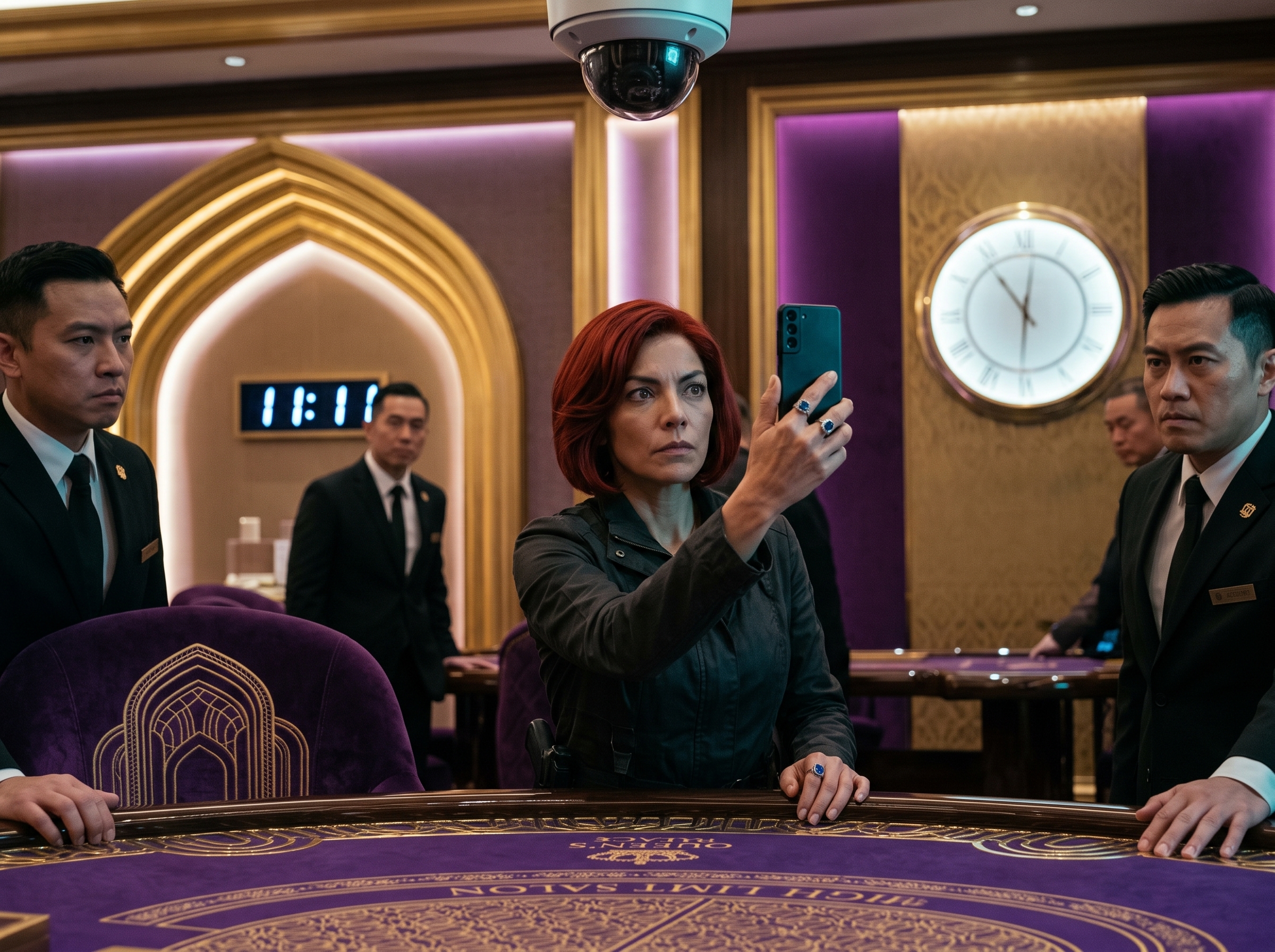 Maria filming a casino security camera beneath clocks reading 11:11 as guards close in