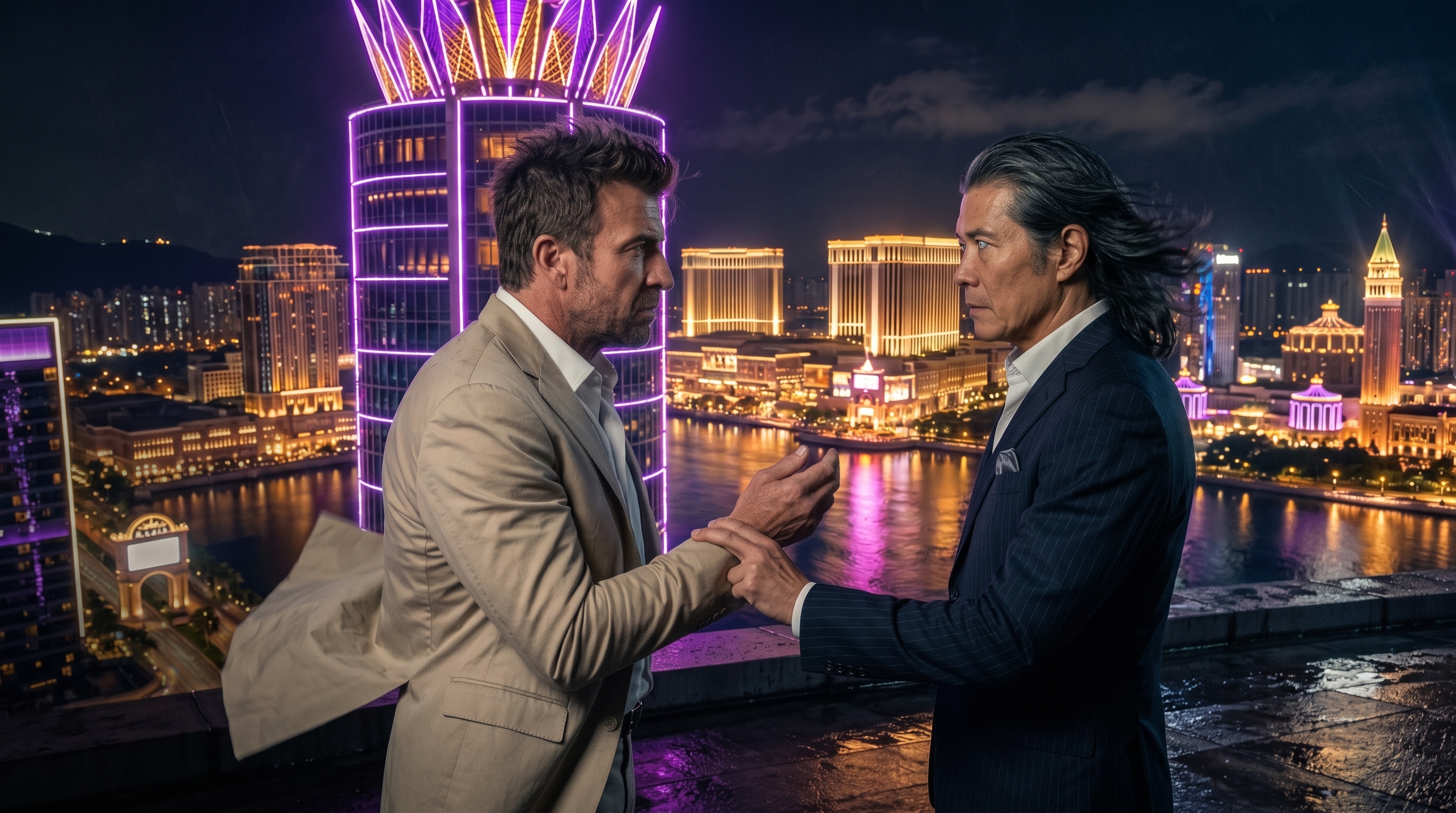 Mac and Ho Chan facing each other on the Queen’s Palace roof above Macau