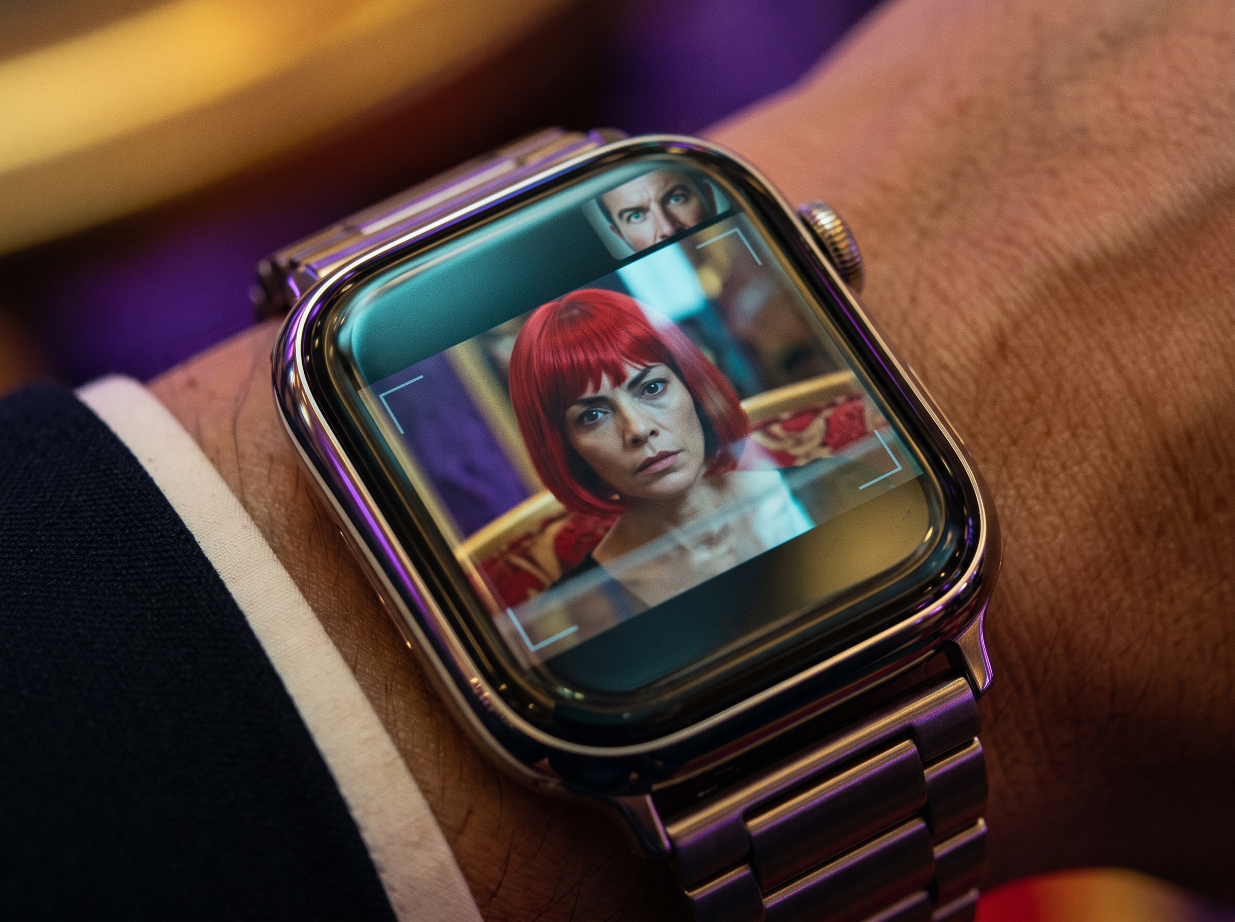 Chan’s watch displaying the captured Maria while Mac appears above her