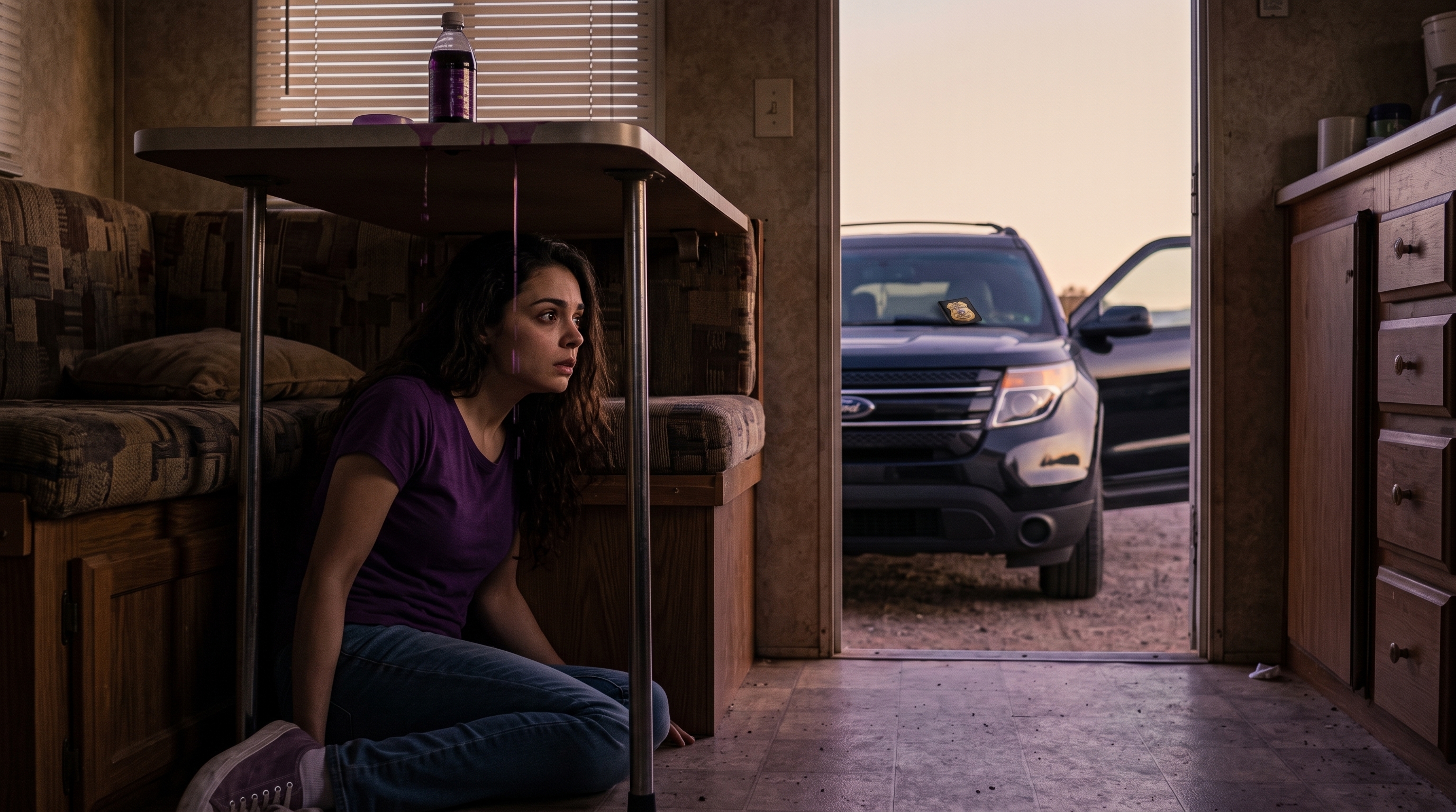 Tina hiding beneath the mobile-home table as an SUV waits outside with Maria’s badge on its windshield