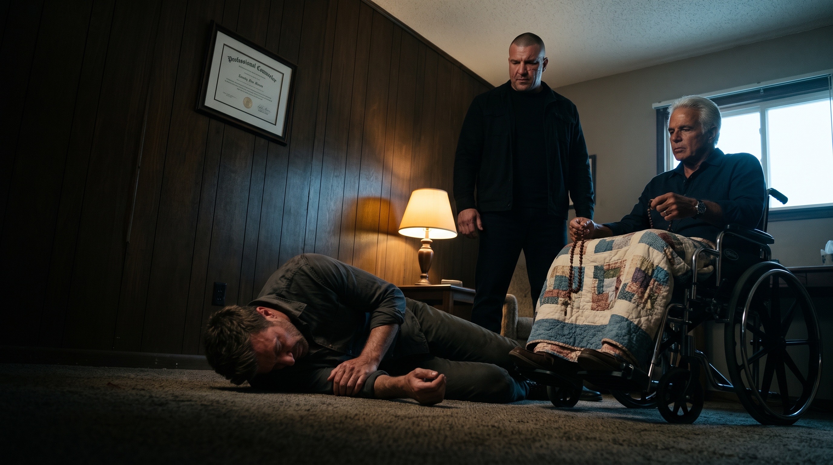 Mac Allen lying injured on his office floor while Scarface stands over him and Jimmy Flynn watches from his wheelchair