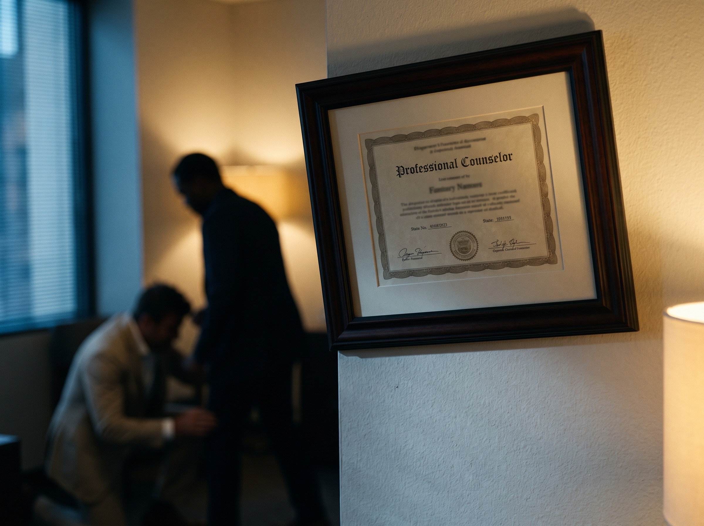 Mac Allen’s framed professional counselor license hanging above the violence in his office