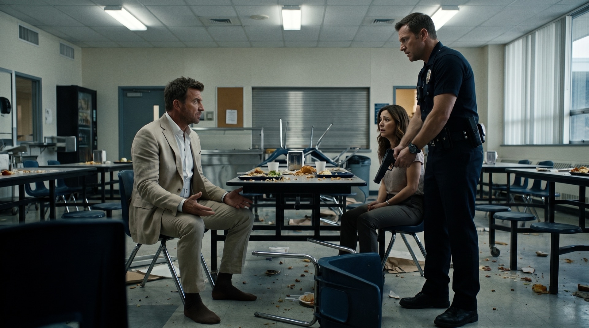 Mac Allen facing Peter Buckley and Ellen Adamo across the damaged police cafeteria