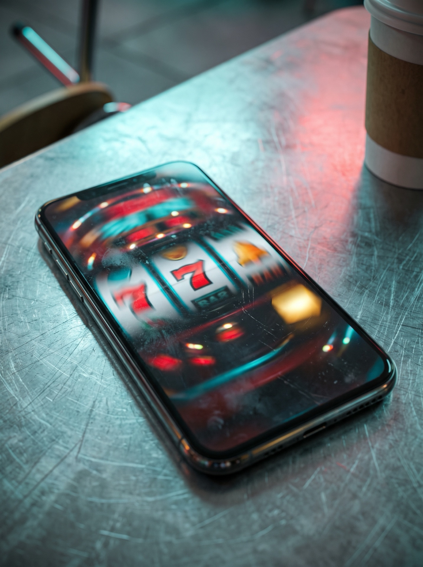 A phone on a cafeteria table displaying a slot machine jackpot