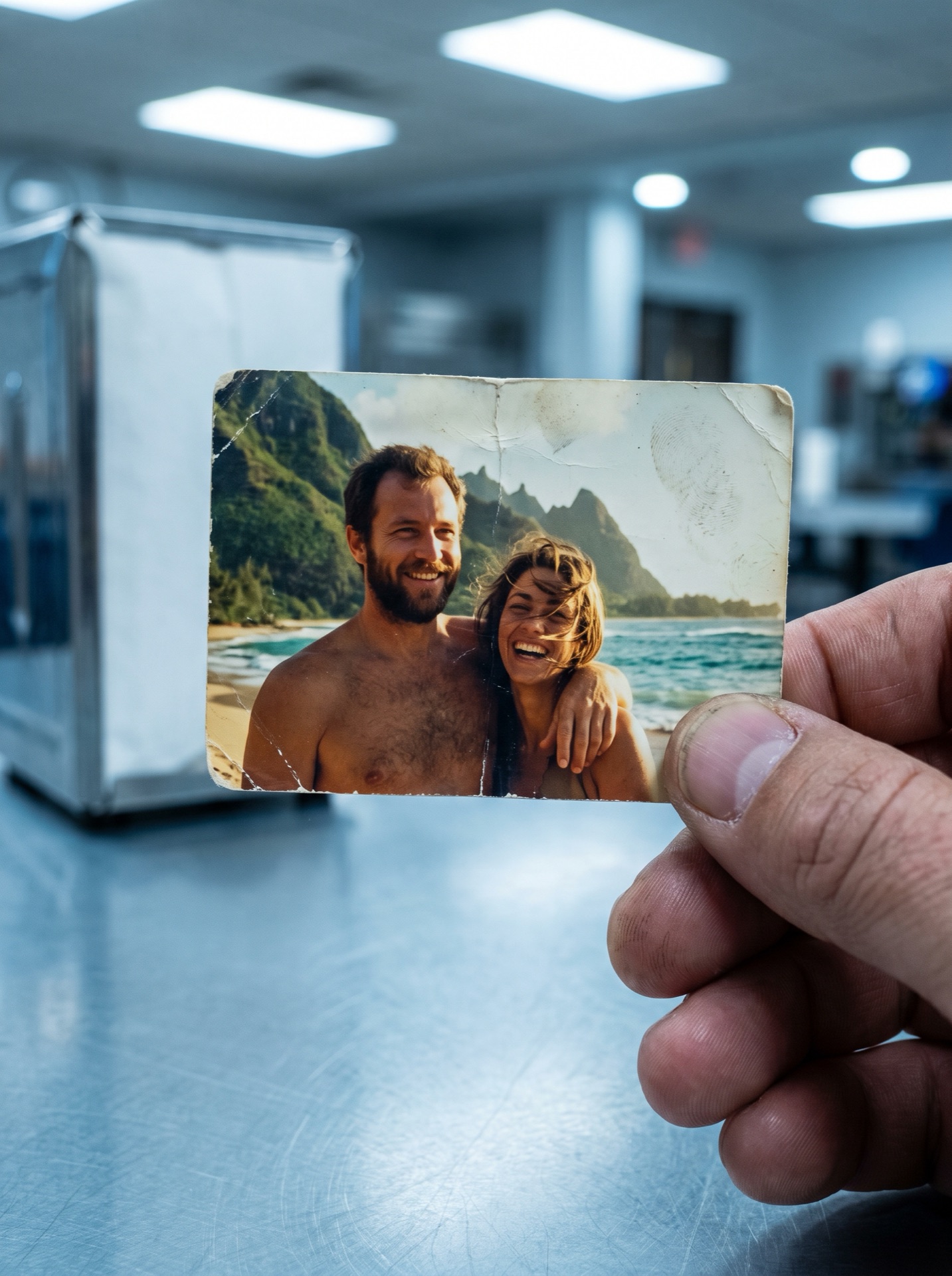 A worn photograph of Peter and Ellen smiling together on a Kauai beach