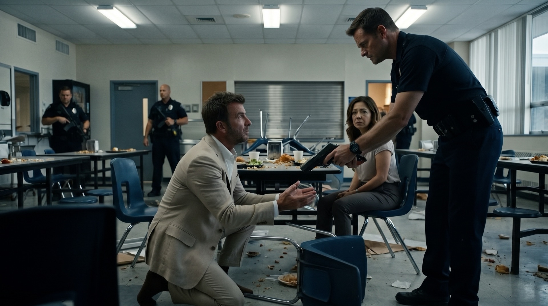 Mac Allen kneeling with open hands as Peter Buckley lowers the pistol toward him