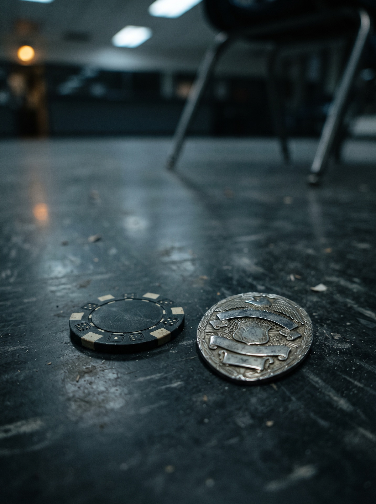 A black casino chip beside a police badge on the cafeteria floor