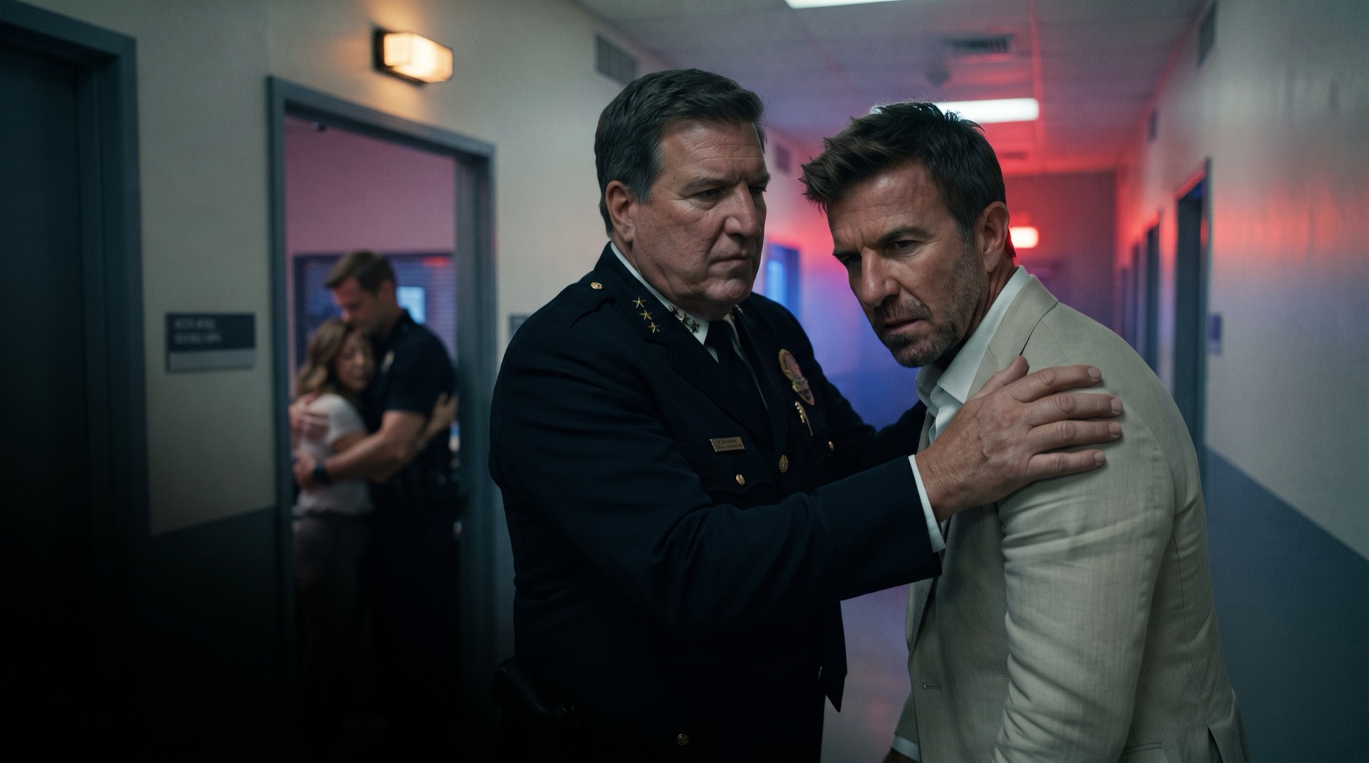 Chief Adamo steadies Mac Allen in the police station hallway after the hostage surrender