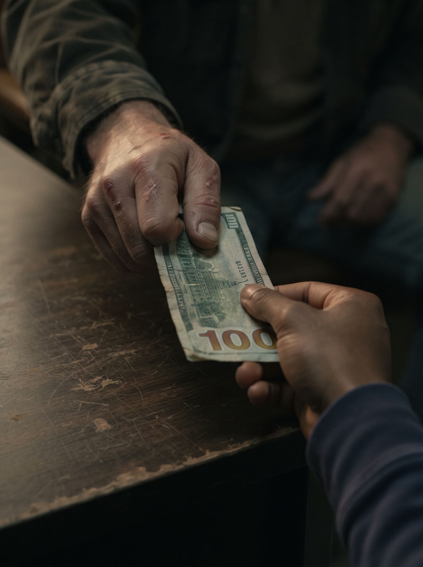 Carl Jenkins handing Mac Allen a one-hundred-dollar bill