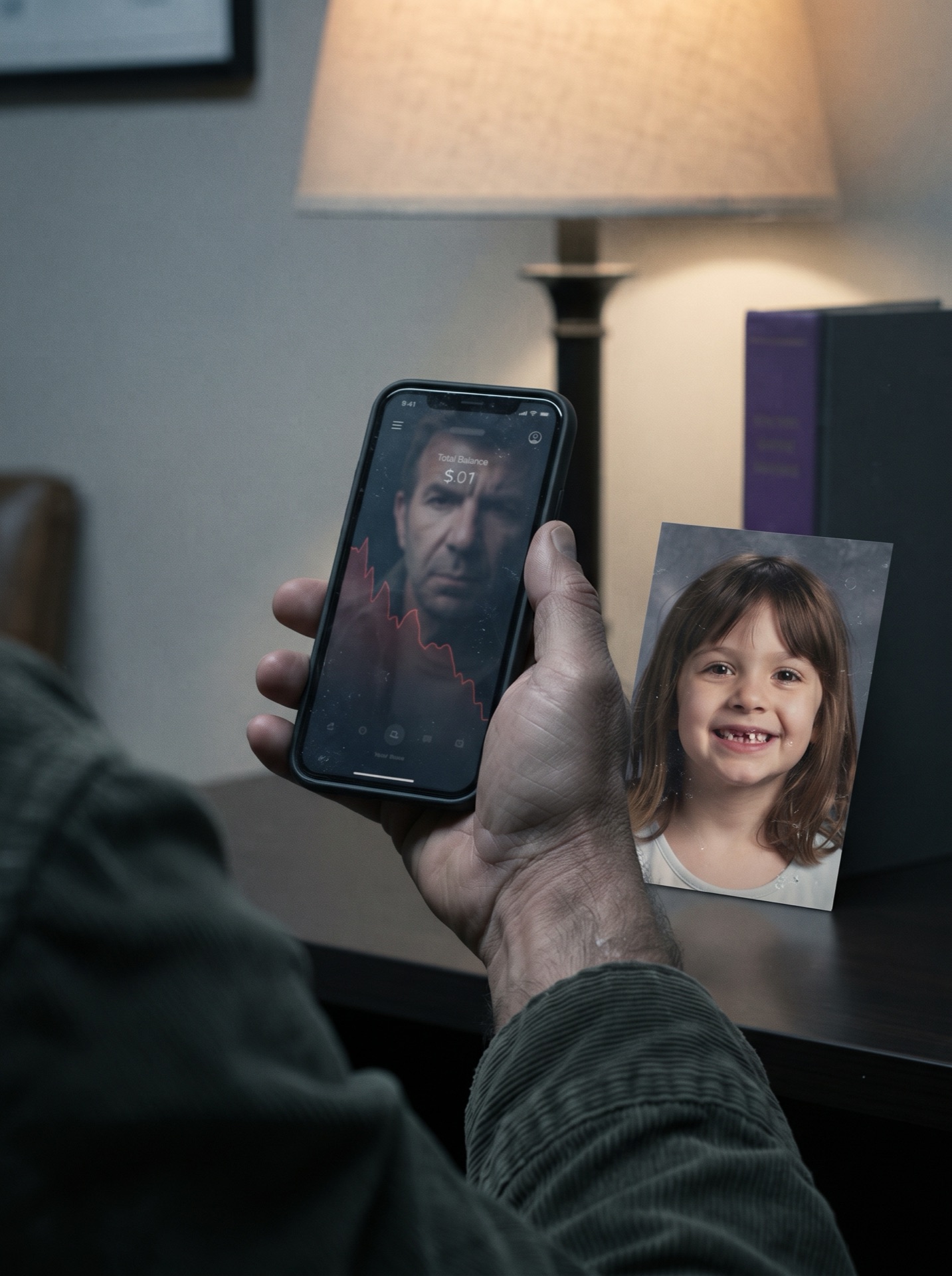 Mac Allen holding a nearly empty account screen beside a photograph of Ruby