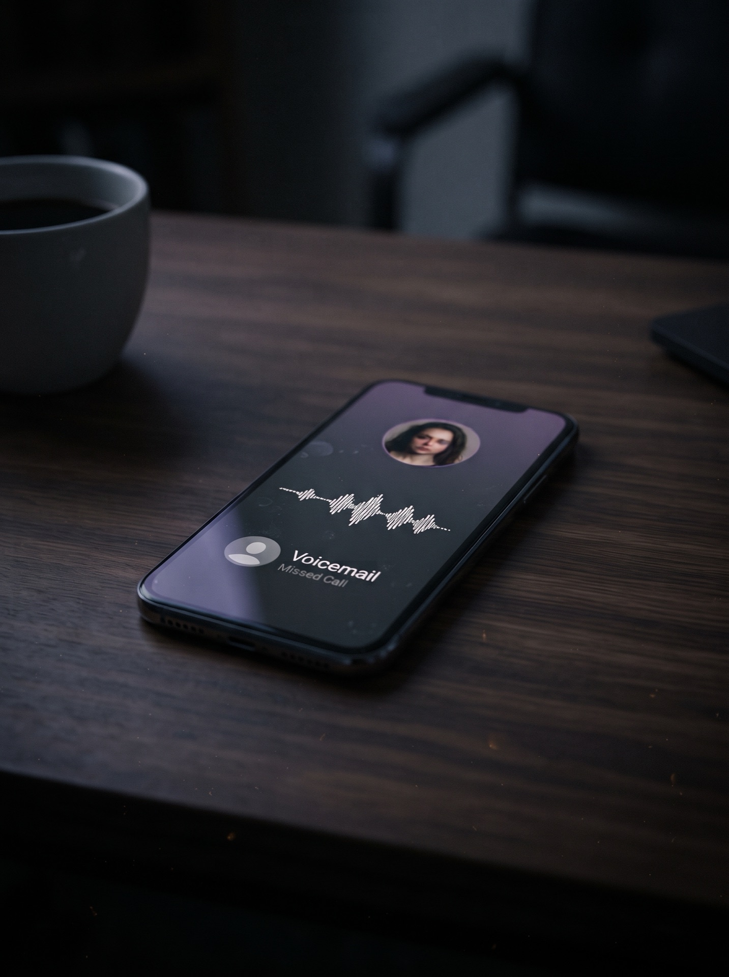 A phone displaying Tina’s missed call and voicemail waveform