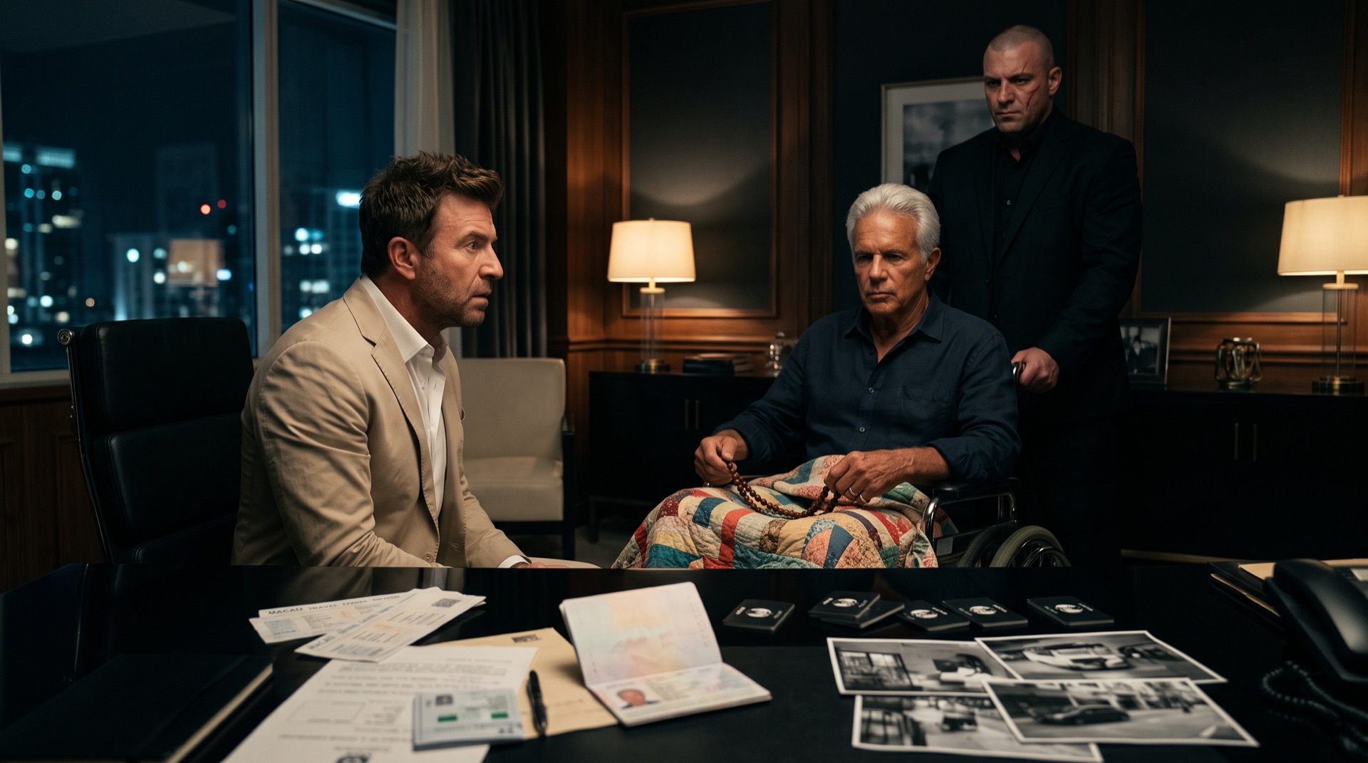 Mac Allen facing Jimmy Flynn in his dark office while Scarface watches
