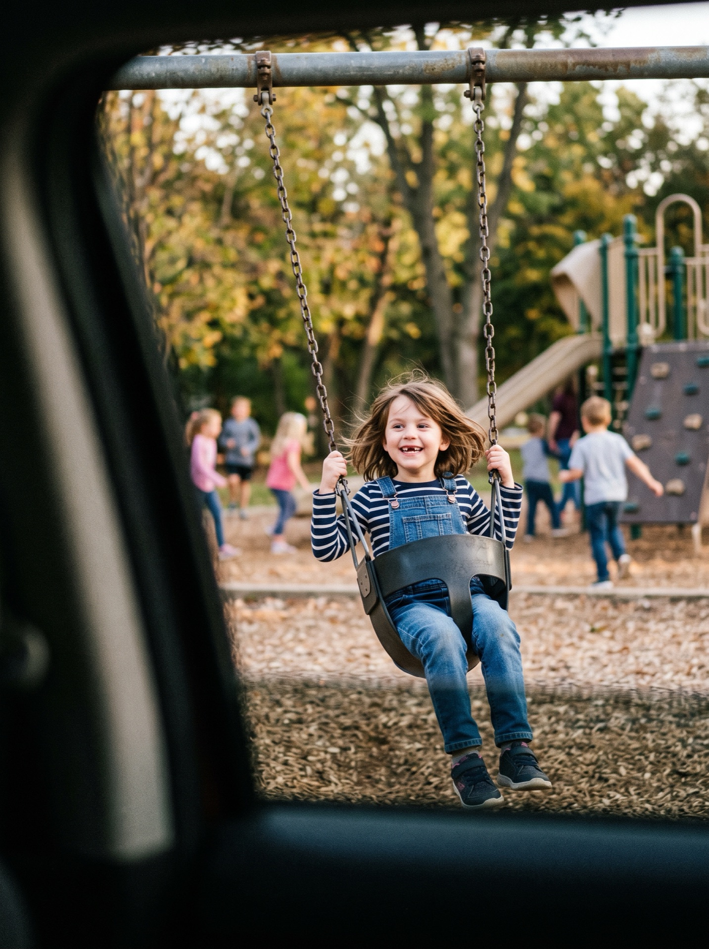 Ruby smiling on a playground swing in a photograph taken from inside a car