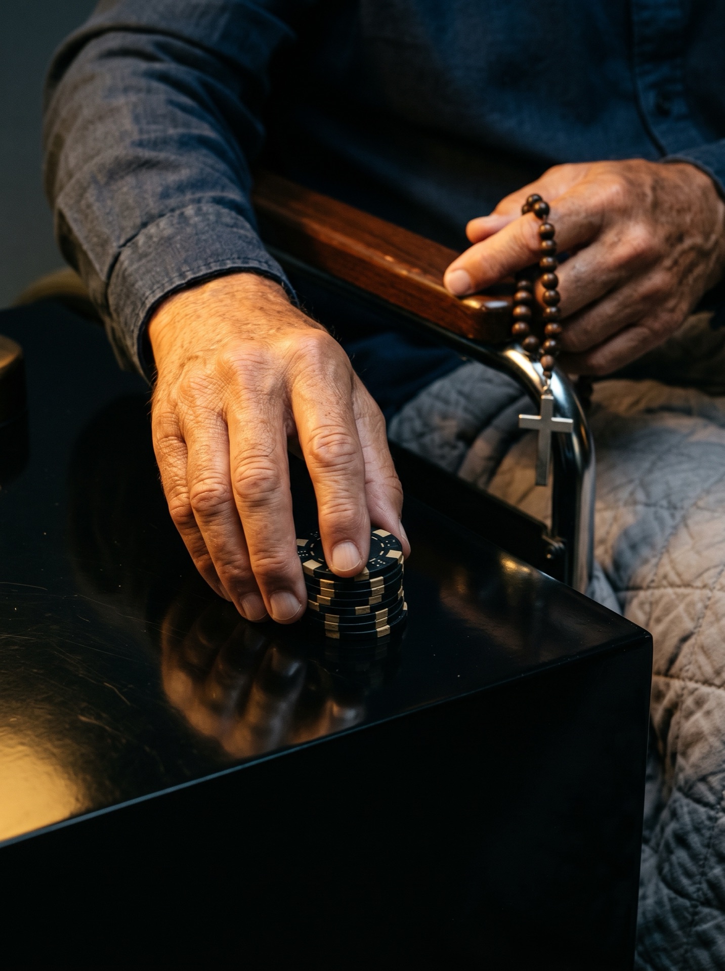 Jimmy Flynn’s hand resting on stacked black casino chips beside his rosary