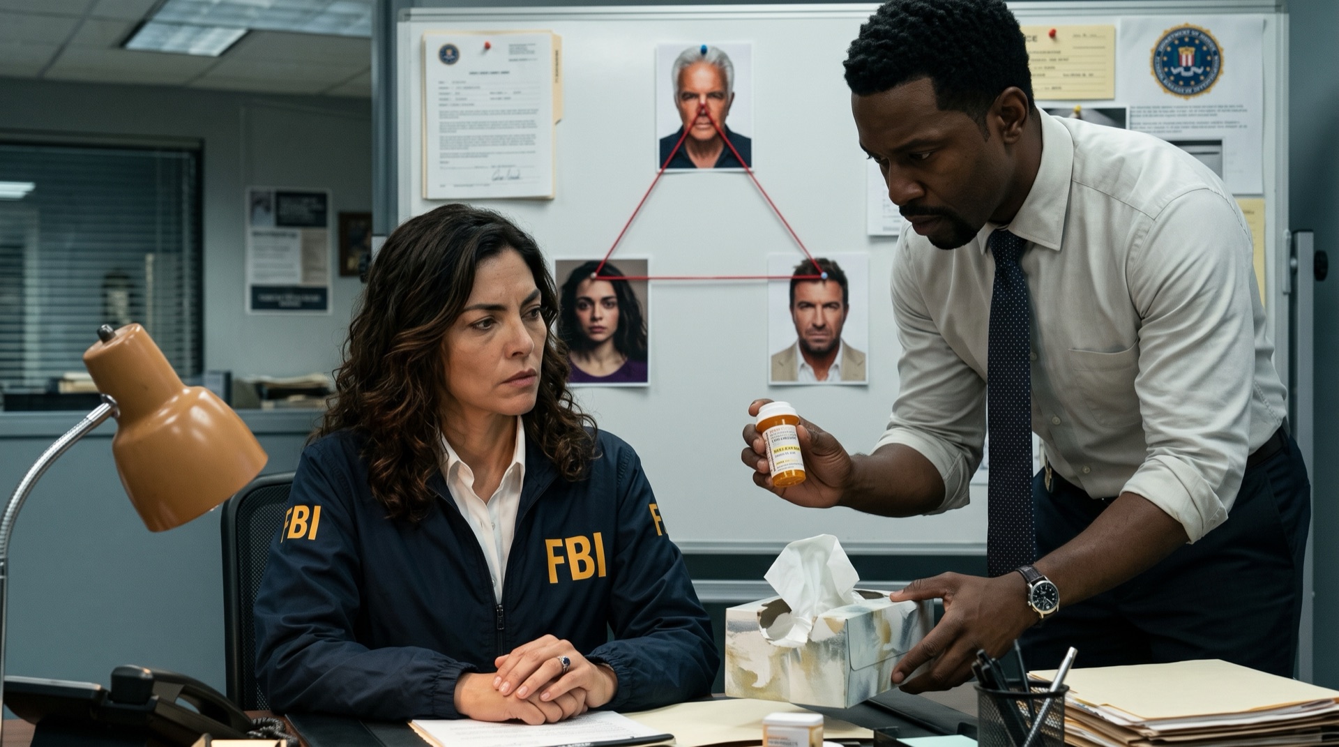 Agent Cox showing Maria Garcia the hidden pills at her FBI desk beneath the investigation board