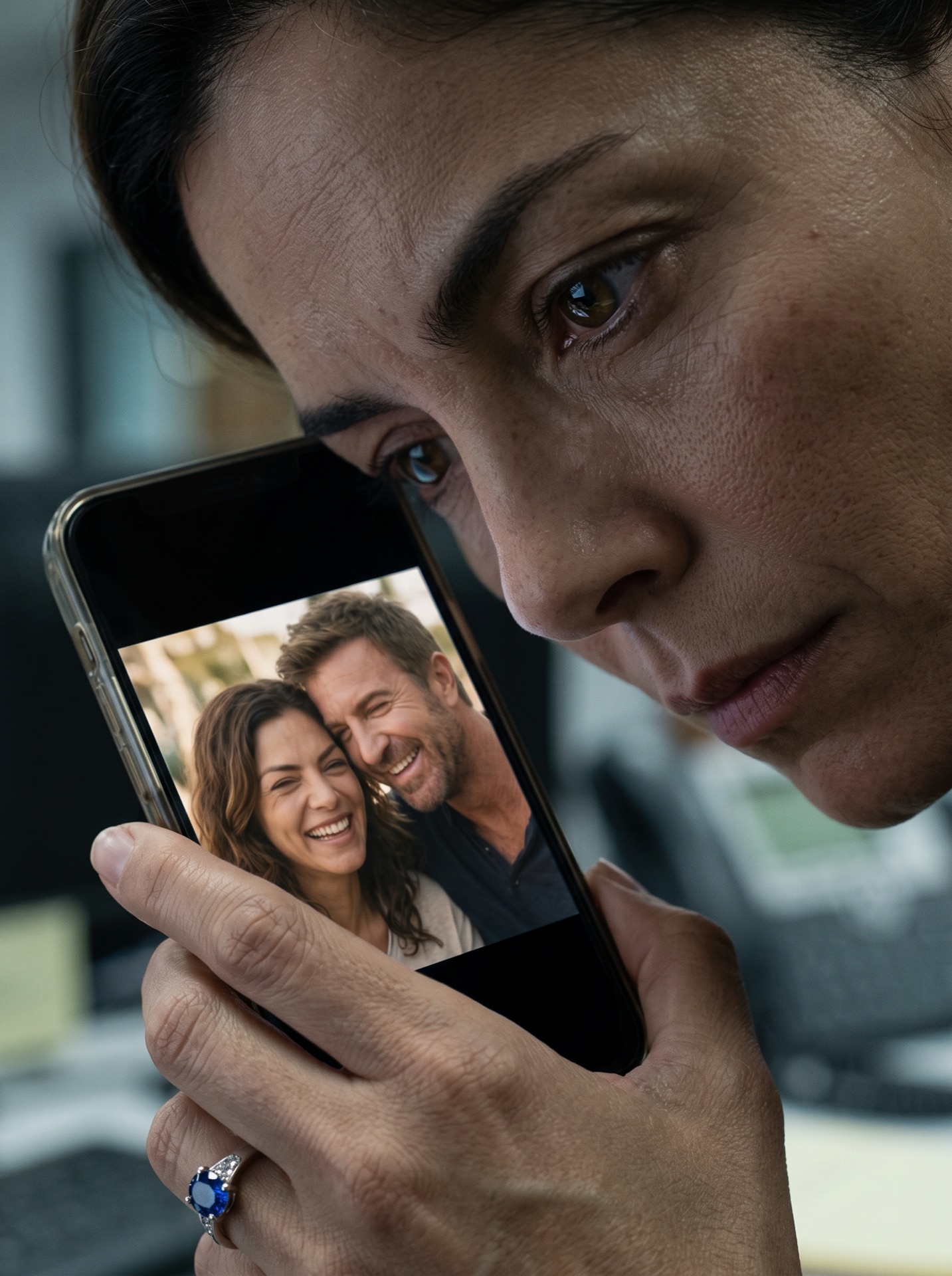 Maria Garcia holding a happy photograph of herself with Mac Allen on her phone